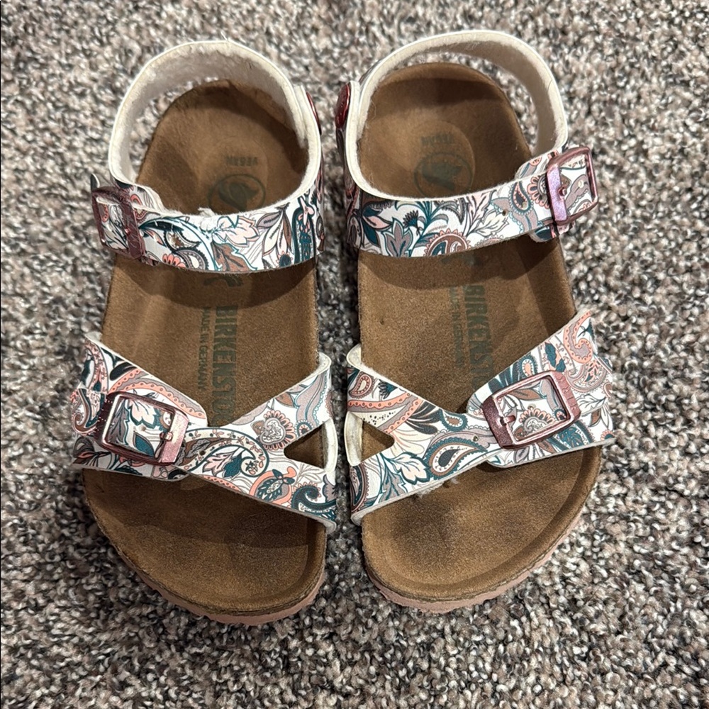 Birkenstock Brown and White Sandals with Cork Footbed